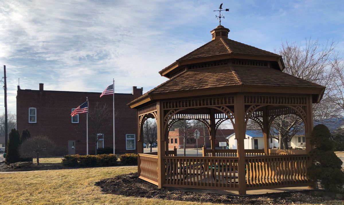 dayton indiana pagoda and town hall in background