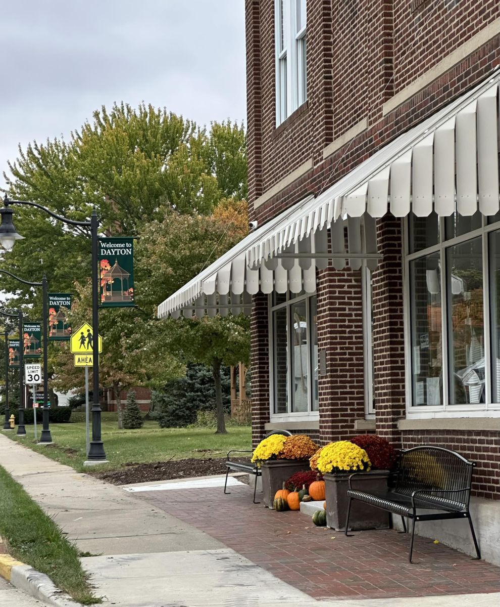 dayton town hall front angle view with streetlights and banners